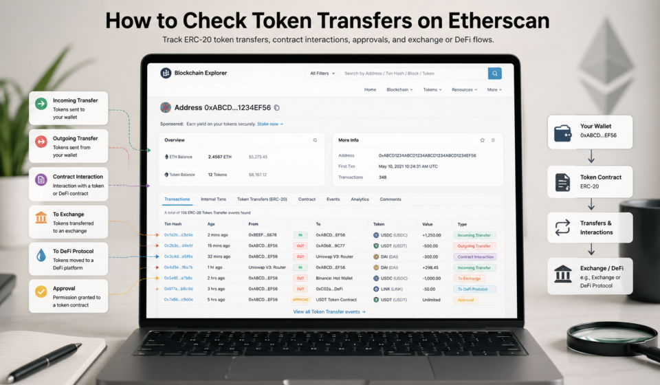 How to Check Token Transfers on Etherscan: 7 Smart Steps for Investors check token transfers on Etherscan showing ERC-20 token movements, Ethereum wallet activity, incoming and outgoing transfers, contract interactions, token approvals, exchange transfers and DeFi flows