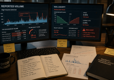 fake volume in crypto analysis showing reported volume versus real liquidity, shallow order books, slippage, wash trading signals and exchange quality checks