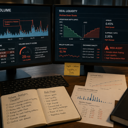 fake volume in crypto analysis showing reported volume versus real liquidity, shallow order books, slippage, wash trading signals and exchange quality checks