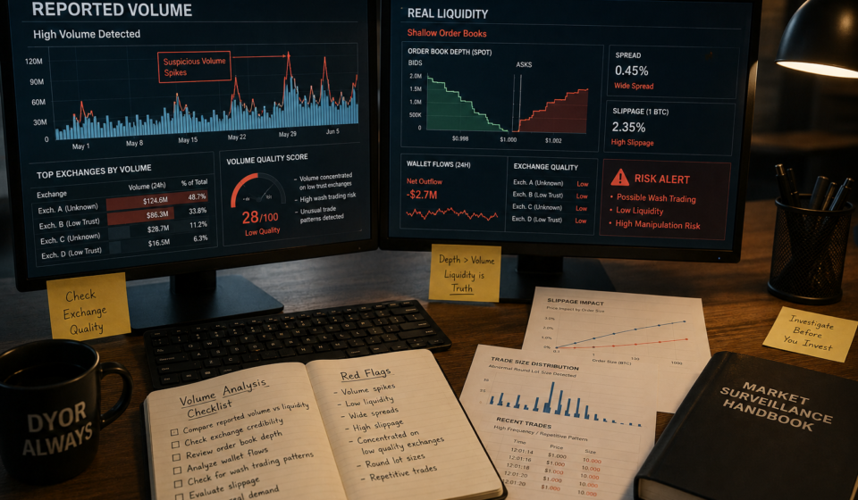 fake volume in crypto analysis showing reported volume versus real liquidity, shallow order books, slippage, wash trading signals and exchange quality checks