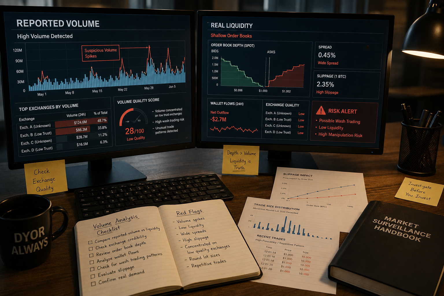 fake volume in crypto analysis showing reported volume versus real liquidity, shallow order books, slippage, wash trading signals and exchange quality checks