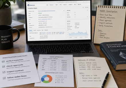 blockchain explorers guide showing transaction hash verification, wallet address analysis, token approvals, smart contract inspection and gas fee tracking