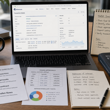 blockchain explorers guide showing transaction hash verification, wallet address analysis, token approvals, smart contract inspection and gas fee tracking