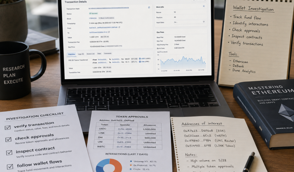 blockchain explorers guide showing transaction hash verification, wallet address analysis, token approvals, smart contract inspection and gas fee tracking