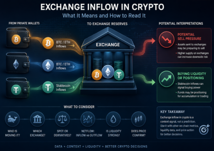 exchange inflow in crypto showing assets moving from private wallets to exchange reserves with BTC and ETH inflows as potential sell pressure and stablecoin inflows as buying liquidity