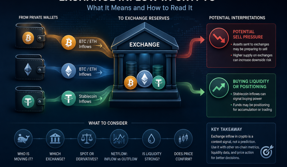 Exchange Inflow in Crypto: A Critical Signal Investors Should Understand exchange inflow in crypto showing assets moving from private wallets to exchange reserves with BTC and ETH inflows as potential sell pressure and stablecoin inflows as buying liquidity