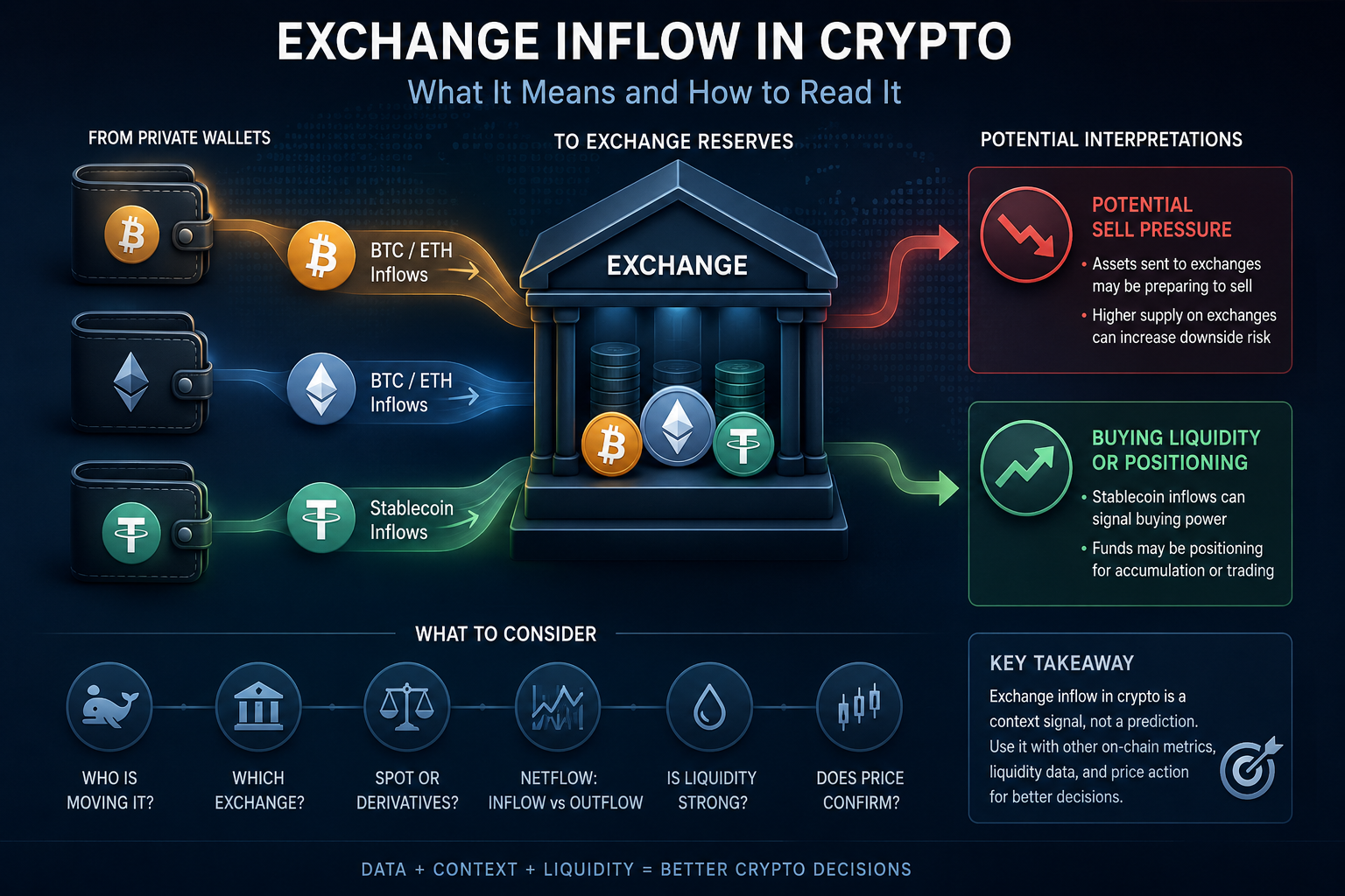 exchange inflow in crypto showing assets moving from private wallets to exchange reserves with BTC and ETH inflows as potential sell pressure and stablecoin inflows as buying liquidity