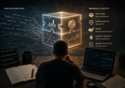 on-chain data interpretation board showing raw blockchain metrics versus real meaning including active addresses, TVL, whale transfers, stablecoins, trading volume and liquidity context