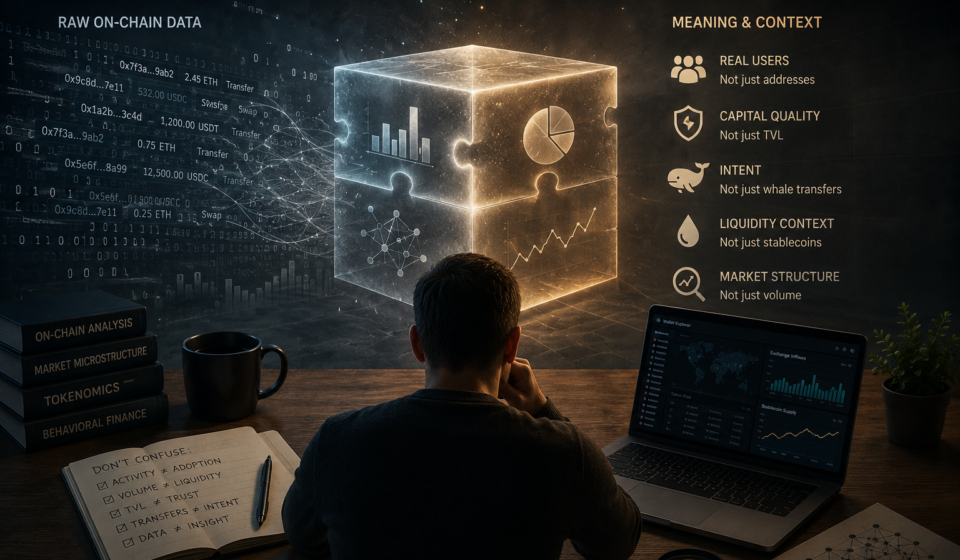 on-chain data interpretation board showing raw blockchain metrics versus real meaning including active addresses, TVL, whale transfers, stablecoins, trading volume and liquidity context
