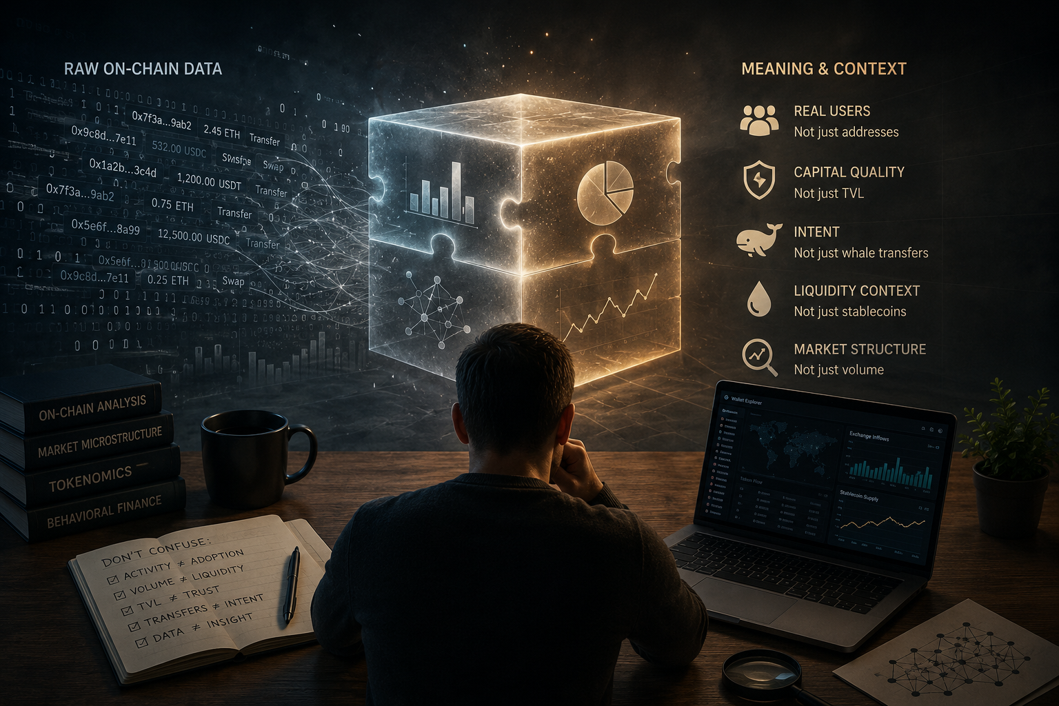 on-chain data interpretation board showing raw blockchain metrics versus real meaning including active addresses, TVL, whale transfers, stablecoins, trading volume and liquidity context